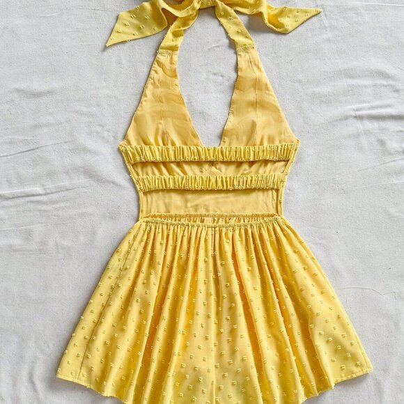 Yellow Boho Women's Textured swiss dot Mini Bodycon romper Beach - Picture 2 of 8